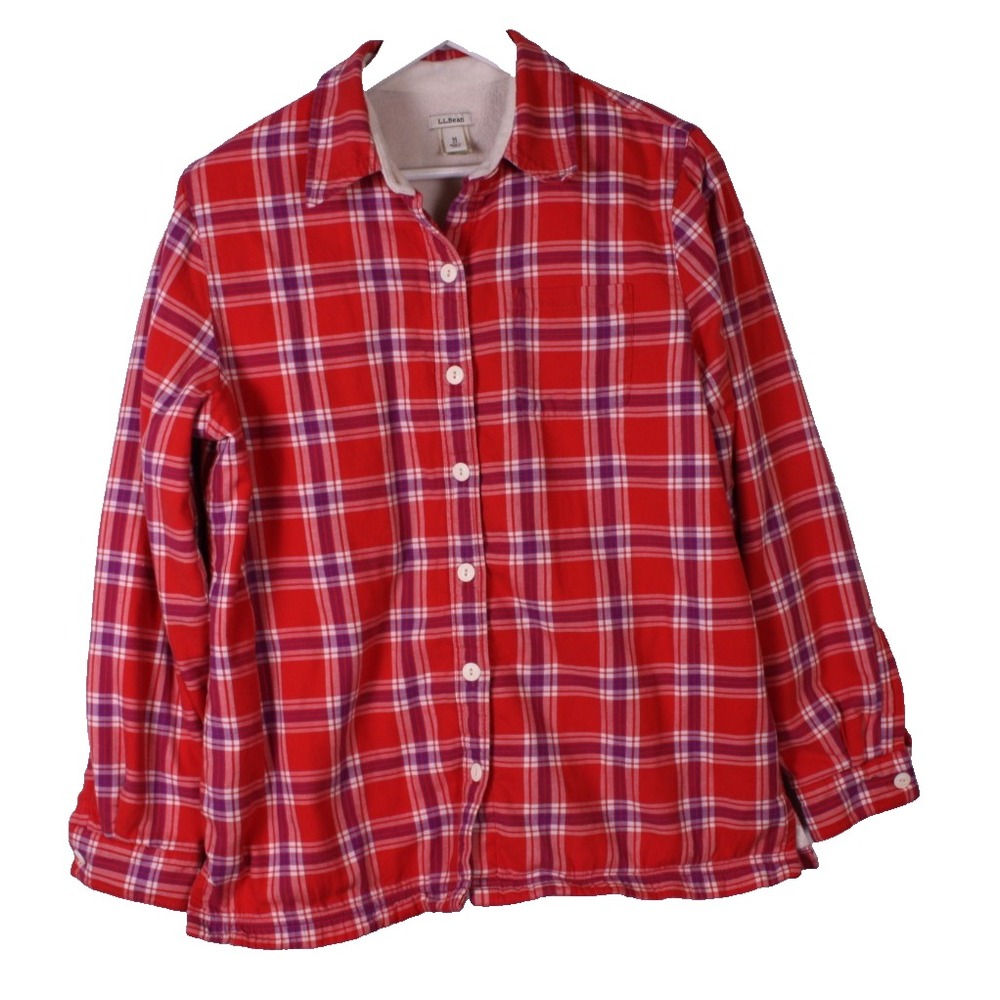 LL Bean Shacket Womens Size Medium Red Plaid Full Button Fleece Lined Barn Wear